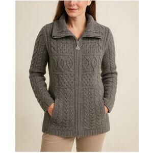 Inis Crafts Full Zip Cable Knit Cardigan Sweater Merino Wool Gray Size Medium